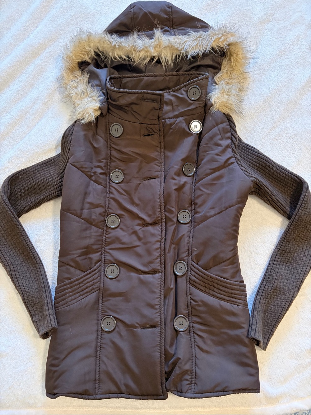 Women's Brown Quilted Hooded Puffer Coat with Faux-Fur Trim